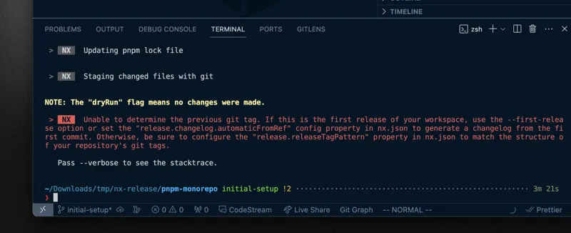 Error message that reads: "> NX Unable to determine the previous git tag. If this is the first release of your workspace, use the --first-release option or set the "release.changelog.automaticFromRef" config property in nx.json to generate a changelog from the first commit. Otherwise, be sure to configure the "release. releaseTagPattern" property in nx.json to match the structure of your repository's git tags.